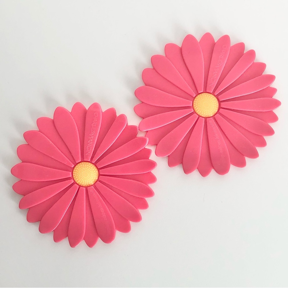 Like New Set of Two (2) Pink Coral Floral Flower Silicone Drink Table Coasters